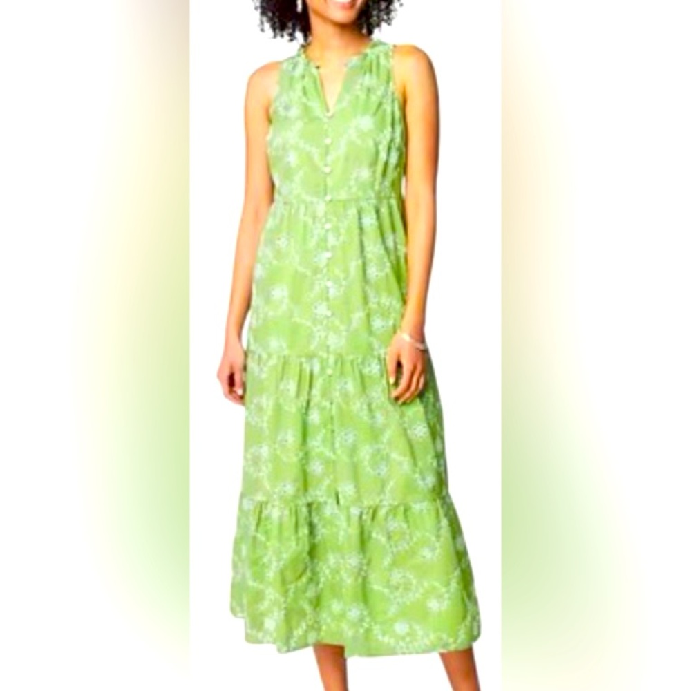 J Jill Tiered Maxi Dress Medium Snap Pea Green Embroidered 100% Cotton NEW